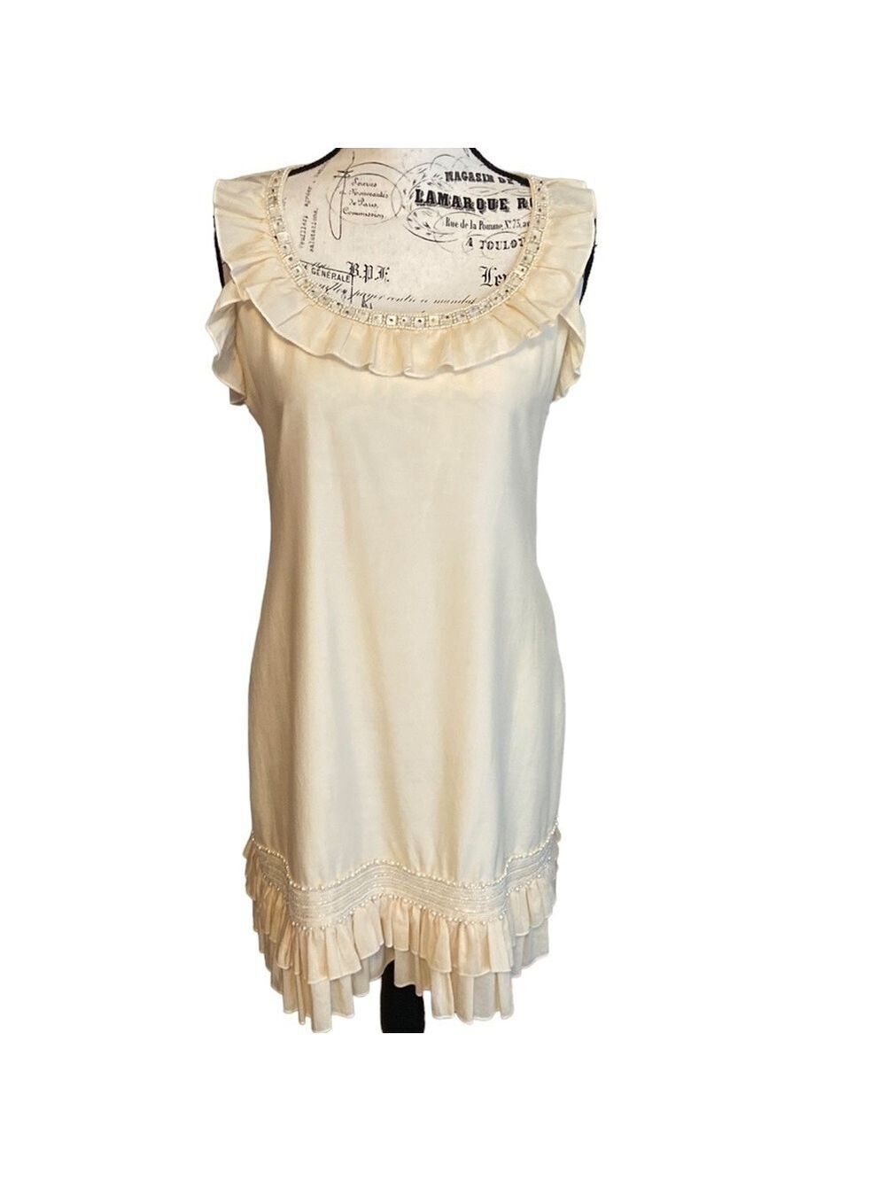 Jenny Han Shift Dress Ruffle Beaded Cotton/Silk Cream Size M